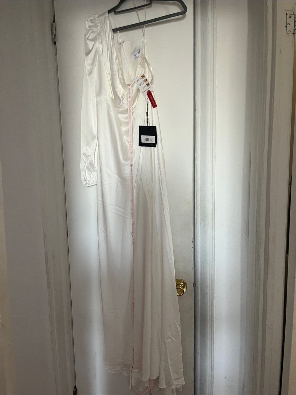 Mac Duggal One-Shoulder Ivory Satin Evening Gown